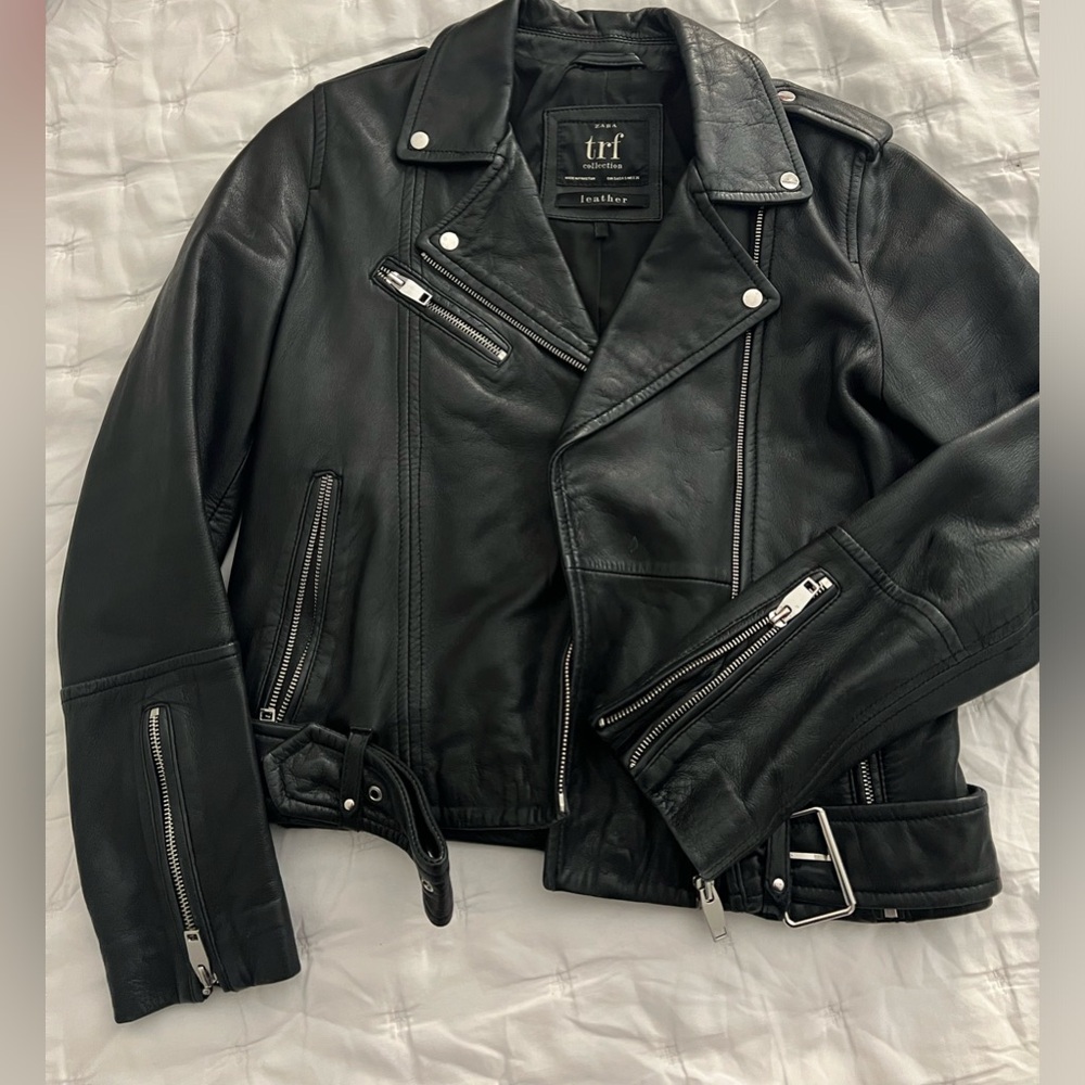 Zara TRF black real- leather Moto jacket size S